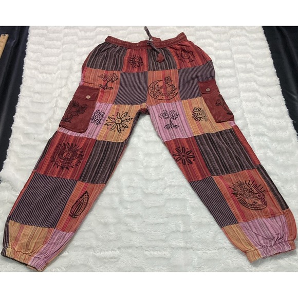 Rising International Pants - Rising Women's Medium Multicolored Boho Hippie Festival Joggers Patchwork NWT